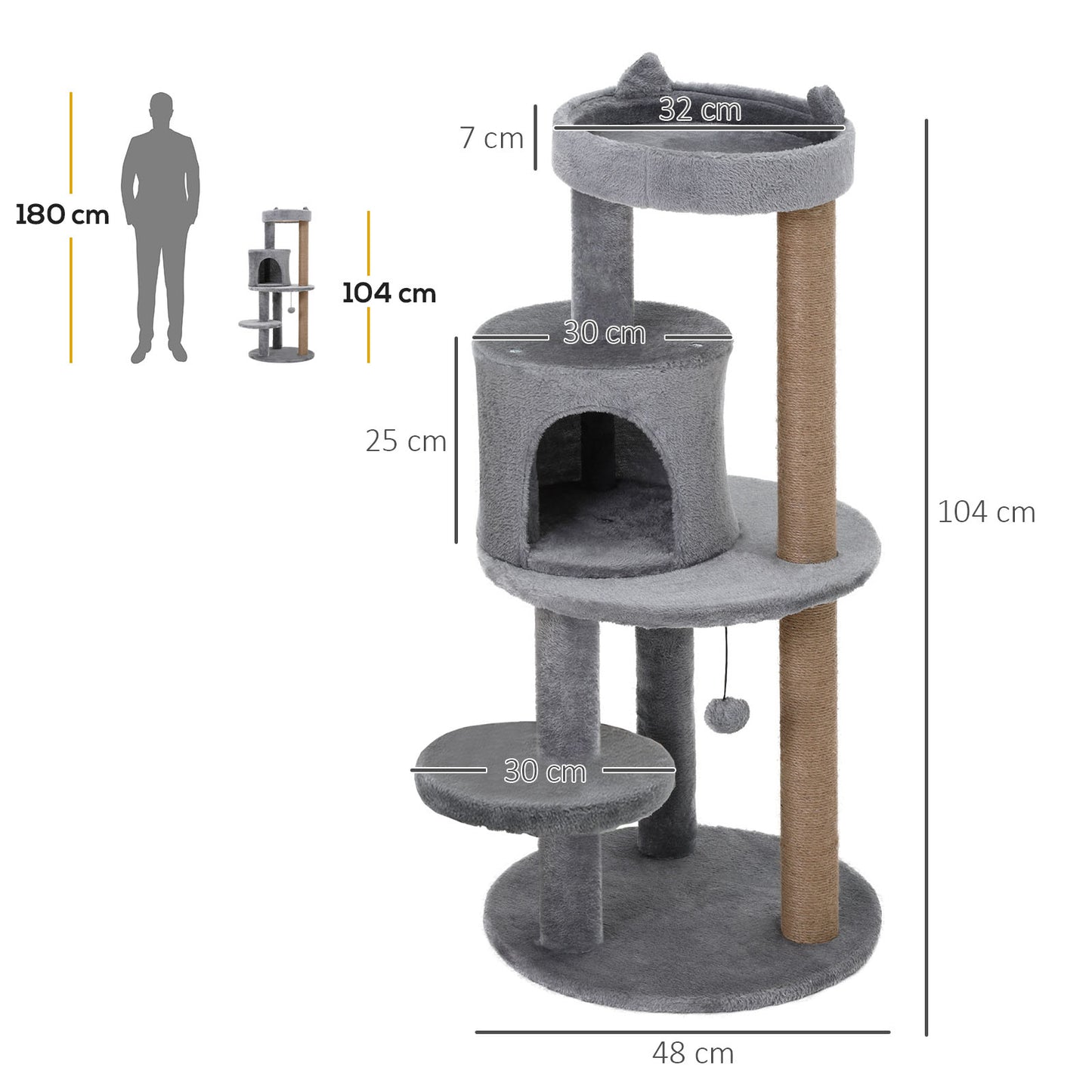 Arbre à Chat 104 cm avec Condo, Plateformes en Peluche et Poteaux à Griffer – Centre d’Activité Complet Gris