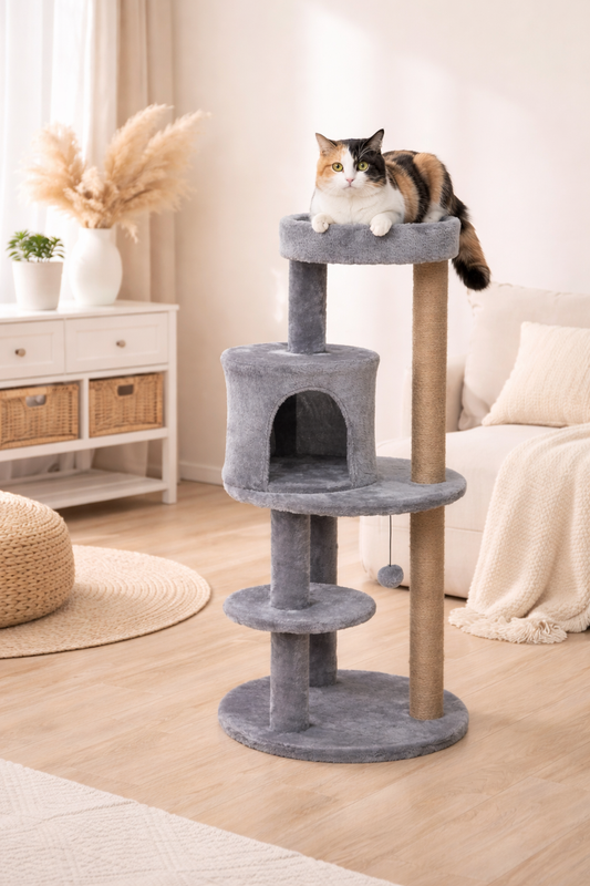 Arbre à Chat 104 cm avec Condo, Plateformes en Peluche et Poteaux à Griffer – Centre d’Activité Complet Gris