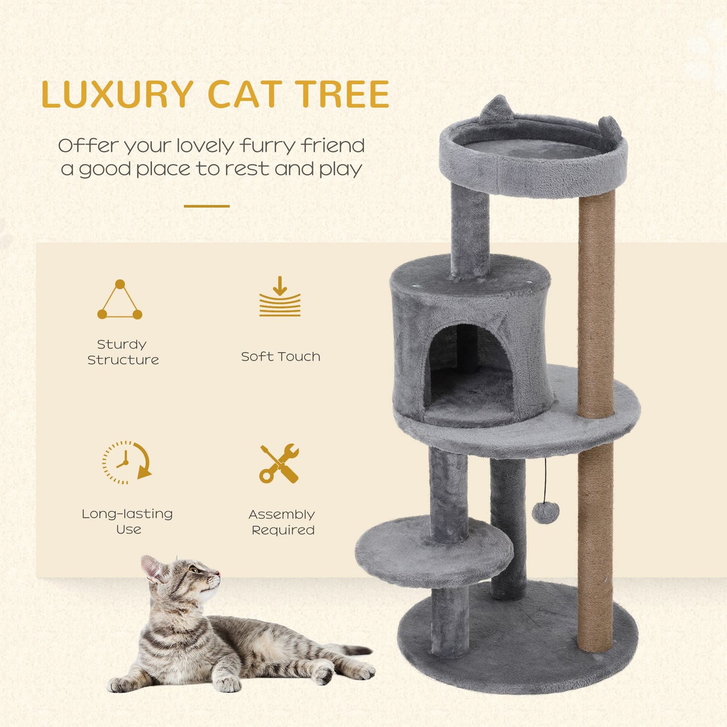 Arbre à Chat 104 cm avec Condo, Plateformes en Peluche et Poteaux à Griffer – Centre d’Activité Complet Gris